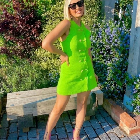 ZARA Tweed Green Dress Gold Medium - Picture 3 of 11